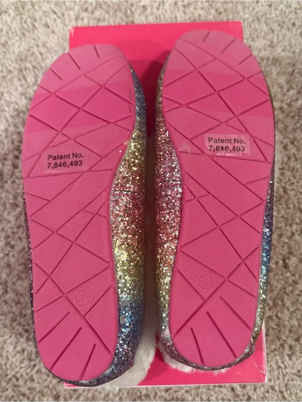 Girls Cream Faux-Fur Lined Rainbow Glitter Moccasin Slippers with Pink Trim